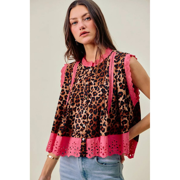 SO ME Tops - SO ME Leopard Button Up Pleated Sleeveless Blouse